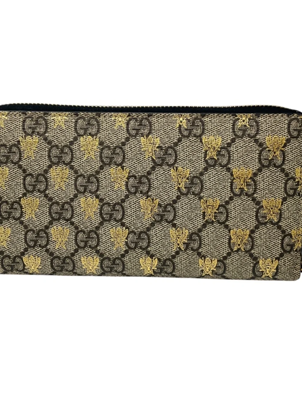 GUCCI BEIGE / GOLD METALLIC GG SUPREME BEES ZIP AROUND WALLET - Picture 3 of 8